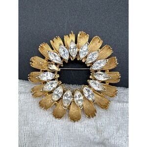 Vintage BSK Brooch Flower Clear Rhinestone Gold Tone Signed READ